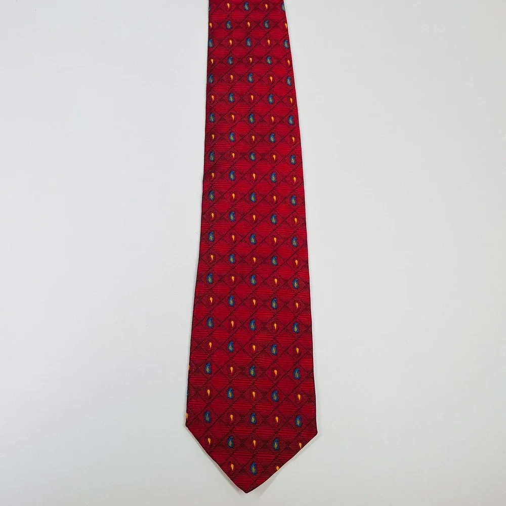 Harold Powell Silk Necktie‎ Mens OS Red Paisley Diamond Handmade Italy Wide Tie